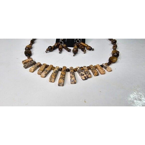 Picture Jasper Fringe with Tiger's Eye Beaded Necklace & Earring Set Handmade - Picture 3 of 7
